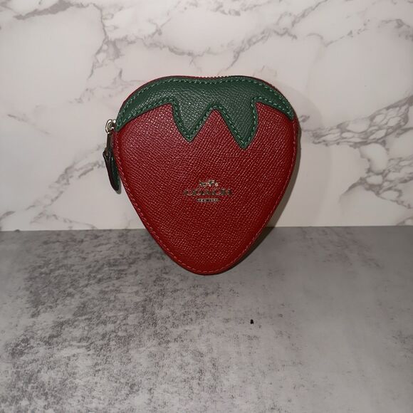 NWT Coach Strawberry Coin Purse CAN28 Gold/Bold Red - Picture 1 of 9